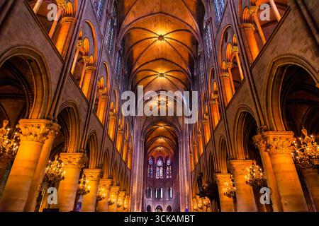 Vetrate interne della vecchia cattedrale di Notre Dame prima dell'incendio 2019 Parigi Francia. Dopo l'incendio, Notre Dame riaprì nel 2025. Parte del rem. Riparazione Foto Stock
