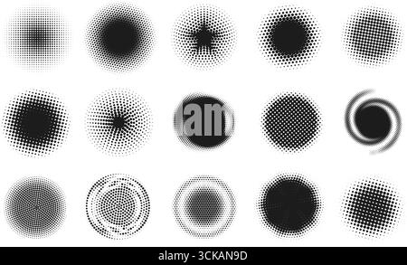 Cerchi mezzitoni. Motivi rotondi tratteggiati astratti, forme circolari con effetto sfumatura sfocata e a turbolenza punteggiata. Sbiadimento dei punti radiali, sfondo astratto Illustrazione Vettoriale