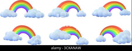 Arcobaleni 3D cartoon. Arcobaleno colorato con soffici nuvole, icone di archi meteorologici da sogno ed elementi di cielo fantasia. Cielo colorato dopo pioggia, spettro luminoso Illustrazione Vettoriale