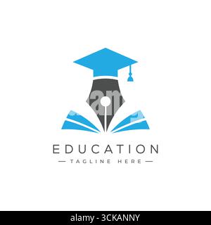 Un modello di logo per la formazione professionale con pennino, libro aperto e cappuccio di laurea, ideale per scuole, college, università, servizio di tutoraggio Illustrazione Vettoriale