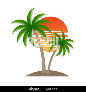 Palme con tramonto sulla spiaggia o sull'isola. Logo Sunset e Palm Tree. Logo Summer Beach. Tropicale o Paradise Island in estate. Illustrazione vettoriale Illustrazione Vettoriale