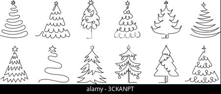 Albero di natale continuo su una linea. Gli alberi lineari per le vacanze invernali natalizie si abbattono con stelle decorative. Line art albero di Natale per le vacanze stagionali isolat Illustrazione Vettoriale