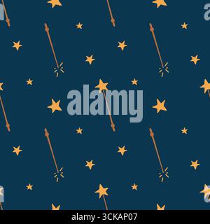 Motivo senza cuciture con stelle gialle disegnate a mano e bacchette magiche su sfondo blu. Magia per i bambini, motivo semplice. Cielo stellato. Gli attributi Wizard e stargazer. Sfondo per bambini. Sfondo carino e accogliente per Halloween. Illustrazione vettoriale. Illustrazione Vettoriale