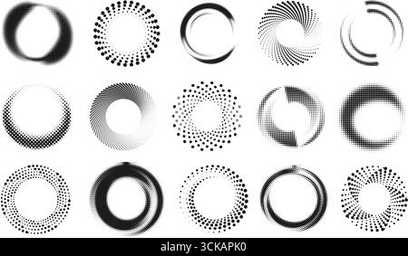 Fotogrammi circolari mezzitoni. Bordi circolari tratteggiati astratti, anelli sfumati rotondi e forme radiali a turbolenza sfocati con effetto geometrico a mezzitoni. Retro Illustrazione Vettoriale