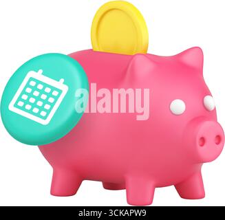 Icona del salvadanaio e del calendario per le app di budget e gli strumenti di pianificazione finanziaria. Rappresenta risparmi, denaro, tempo, obiettivi e organizzazione. Icona 3d moderna Illustrazione Vettoriale