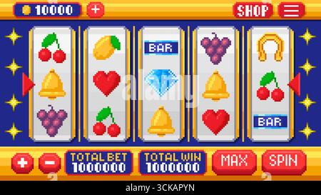 Interfaccia slot machine pixel art. Bobine retrò a 8 punte con ciliegie, campane, cuori, uva, bar, simboli a forma di diamante e ferro di cavallo. Casinò Pixelated ga Illustrazione Vettoriale