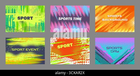 Striscioni sportivi in mezzitoni grunge. Sfondi sportivi astratti, poster dinamici per eventi, modelli di volantini promozionali colorati con punti mezzitoni e distresse Illustrazione Vettoriale