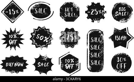 Etichette di vendita grunge. Badge promozionali con effetto pennello, sticker pubblicitari vintage, acquista ora e offerta di marketing Illustrazione Vettoriale