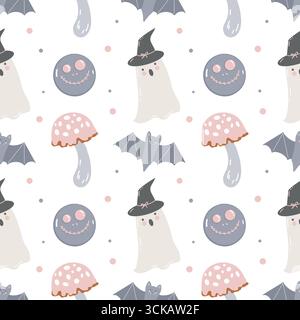 Schema fantasma di Halloween. Motivo autunnale senza cuciture con simpatici fantasmi disegnati a mano su sfondo bianco. Fantasmi divertenti, pipistrelli, agariche di mosca, funghi, calderone e cappello degli strechi. Simpatico sfondo infantile. Colori pastello. Illustrazione vettoriale. Illustrazione Vettoriale