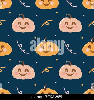 Schema di Halloween. Motivo autunnale senza cuciture con zucche e coriandoli disegnati a mano su sfondo blu. Carino e accogliente sfondo autunnale. Zucche arancioni cartoni decorativi. Colori pastello. Illustrazione vettoriale. Illustrazione vettoriale. Illustrazione Vettoriale