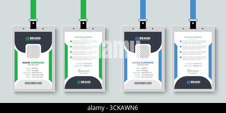 Layout moderno e creativo della carta d'identità o della carta d'identità per dipendenti d'ufficio con colori blu e verde. Illustrazione Vettoriale