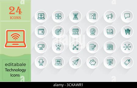 Raccolta di 24 icone di tecnologia modificabili presentate su uno sfondo bianco pulito isolato su sfondo bianco Illustrazione Vettoriale