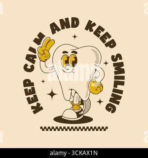 Illustrazione di una mascotte con dente d'epoca che ricorda a tutti di mantenere la calma e il sorriso Illustrazione Vettoriale