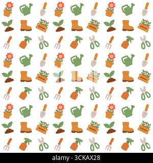 Modello da giardinaggio piatto senza cuciture con attrezzi, piantine, fiori, lattina da irrigazione, flacone spray e stivali. Sfondo giardino primaverile per tessuti, carta da parati Illustrazione Vettoriale