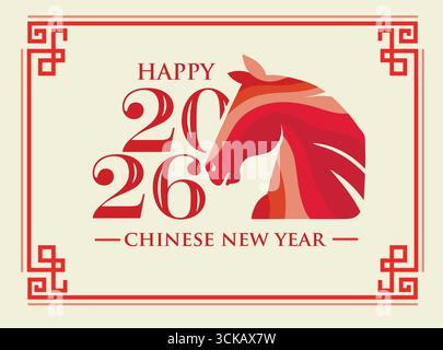 Il design del biglietto di auguri del capodanno cinese 2026 presenta un'illustrazione a cavallo stilizzata rossa Illustrazione Vettoriale