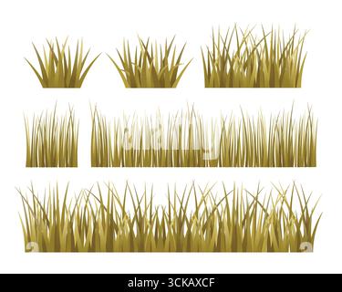 Una serie di realistiche illustrazioni vettoriali di erba asciutta in diverse forme e disposizioni, adatte per paesaggi naturali, sfondi o elementi decorativi Illustrazione Vettoriale