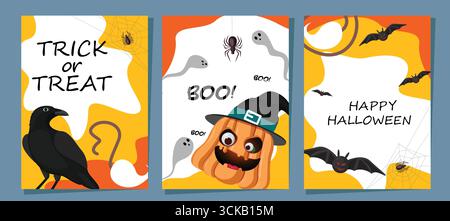 Disegni di cartoline di Halloween con spaventose streghe di zucca, corvo, pipistrelli, fantasmi e ragnatele. Collezione per auguri di buon Halloween, auto da trucco o da regalo Illustrazione Vettoriale