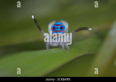 Un ragno pavone maschile (Maratus speciosus - il ragno pavone costiero) che mostra per una femmina. Foto Stock