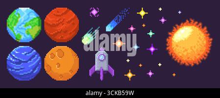 Le icone di gioco dello spazio pixel sono isolate sullo sfondo. Illustrazione vettoriale di pianeti e icone di punta di razzo, terra in stile retrò, marte, luna, sole, asteroidi volanti, stelle luminose, veicoli spaziali per il design dell'interfaccia utente Illustrazione Vettoriale