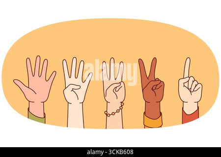 Le mani delle persone mostrano numeri da 1 a 5 , valutando la qualità dei servizi ricevuti o dei beni acquistati. Numeri uno, due, tre, quattro e cinque che mostrano persone di diverse razze e nazionalità Illustrazione Vettoriale