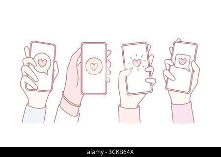 Online dating, amore e concetto mobile. Mani di persone che tengono smartphone con cuore e chat di comunicazione su schermi illustrazione vettoriale Illustrazione Vettoriale