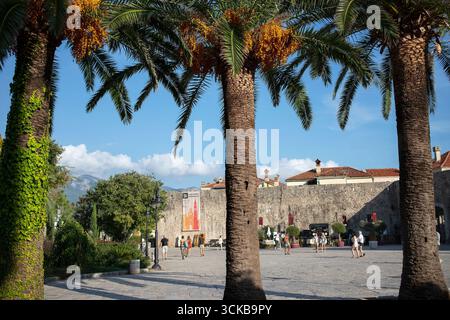 Piazza di fronte alla città vecchia di Budva con palme e turisti, Budva, Montenegro, 9 settembre 2025. Foto Stock
