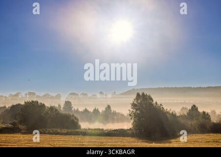 Nebbia mattutina con il sole che splende su un paesaggio rurale Foto Stock