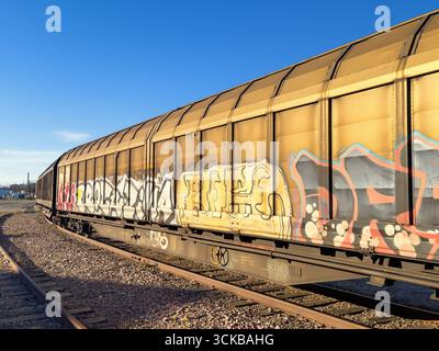 Vagoni merci con graffiti colorati al deposito ferroviario Foto Stock