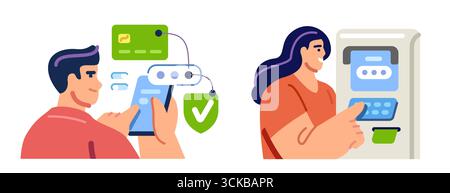 Banca digitale virtuale, portafoglio elettronico, app per Internet banking. Transazione di sicurezza dei pagamenti online tramite carta di credito Illustrazione Vettoriale