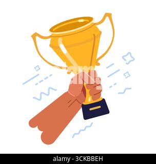 Regge la coppa del trofeo dorata. Cerimonia di premiazione. Illustrazione del vincitore, del successo, del simbolo della vittoria Illustrazione Vettoriale
