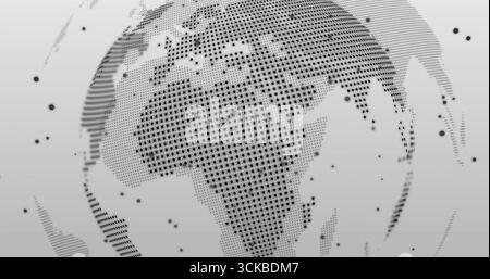 Visualizzazione del globo a matrice di punti che ruota nello spazio digitale virtuale, con cluster di punti dati sparsi. Tecnologia, innovazione, futuristica, visualizzazione dei dati Foto Stock