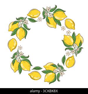 Corona decorativa con limone giallo con foglia verde e fiore bianco disposti in una cornice circolare su sfondo bianco in un'illustrazione botanica piatta Illustrazione Vettoriale