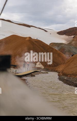 Un'area geotermica in Islanda presenta sfiati fumanti, colline color ruggine, macchie di neve e una passerella in legno che attraversa un torrente fangoso con i visitatori Foto Stock
