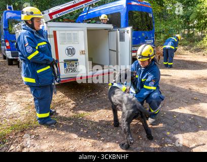 I gestori di cani con cani di soccorso del gruppo specializzato in localizzazione si preparano all'azione. I cani da sniffer hanno il compito di localizzare le persone in bui collassato Foto Stock