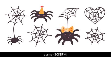 Set di icone Spider web Doodle per Halloween cobweb Illustrazione Vettoriale