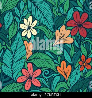 Foglie esotiche della foresta pluviale e fiori senza cuciture. Illustrazione vettoriale sfondo piatto. Illustrazione Vettoriale
