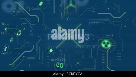 Visualizzazione dell'avviso che evidenzia IL PHISHING sull'interfaccia blu scuro con cifre binarie dei circuiti al neon. Sicurezza informatica, protezione dei dati, rete digitale, informazione Foto Stock