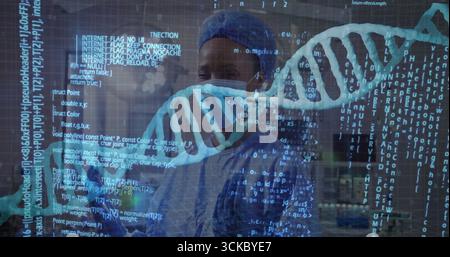 Analisi di scienziati che indossano scrub con maschera a tappo blu in laboratori high-tech, con elica del DNA e sovrapposizioni di codice. Biotecnologia, innovazione, precisione, moderna, fut Foto Stock