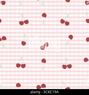 Ciliegie con motivo a quadri rosa motivo in tessuto senza cuciture Illustrazione Vettoriale