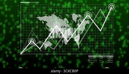 Visualizzazione dei trend grafici a linee sullo schermo, con mappa del mondo tratteggiata, linee della griglia e quadrati verdi. Digitale, infografica, moderno, dati, analisi, tecn Foto Stock