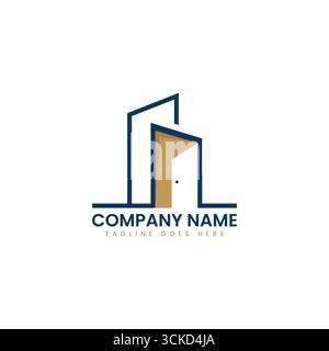 Un logo minimalista dell'edificio con linee pulite e un'icona dorata della porta. Perfetto per imprese edili, agenzie immobiliari e architetti moderni Illustrazione Vettoriale