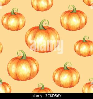 Acquerello senza cuciture con zucche disegnate a mano. Foto Stock