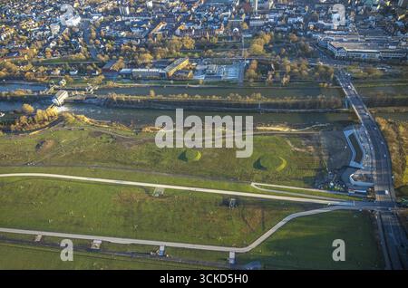 Vista aerea, palestra Hammonense, centro di sport acquatici, area con Hamm Lock, fiume Lippe e canale Datteln-Hamm, vista della città, della città Foto Stock