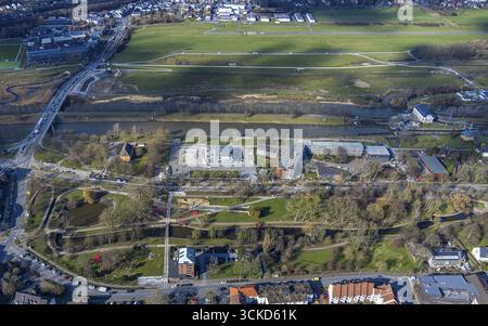 Vista aerea, palestra Hammonense, centro di sport acquatici, Adenauerallee, Nordringpark, Mitte, Hamm, regione della Ruhr, Renania settentrionale-Vestfalia, Germania, istruzione Foto Stock