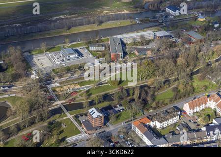 Vista aerea, palestra Hammonense, centro di sport acquatici, Adenauerallee, Nordringpark, Mitte, Hamm, regione della Ruhr, Renania settentrionale-Vestfalia, Germania, istruzione Foto Stock