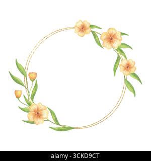 Fiore acquerello corona con fiori di arancio e vegetazione. Telaio rotondo in oro. Design pronto all'uso con delicati fiori selvatici. Incorniciatura con fiori di prato per biglietti d'auguri e inviti di nozze. Foto Stock