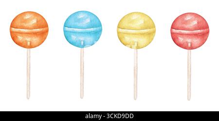 Un set di lecca lecca color acquerello su un bastoncino, lecca lecca-lecca-zucchero rotondo. Una collezione di lecca lecca caramellata rossa, blu, gialla. Illustrazioni di caramelle per stampe per bambini, biglietti per le vacanze, feste. Foto Stock