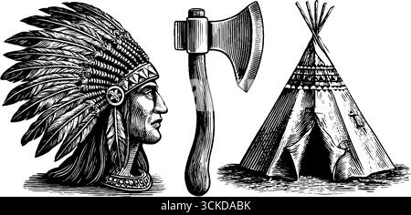 Set vintage di ascia nativa del copricapo e schizzo del teepee per il design. Illustrazione Vettoriale