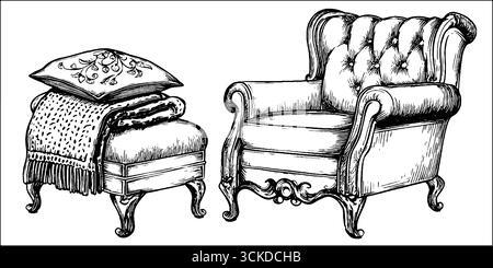 Divano vintage e set per maglieria con incisione per un design retrò per la casa. Illustrazione Vettoriale