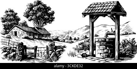 Serie di illustrazioni incise di una fattoria basca e di paesaggi rurali. Illustrazione Vettoriale